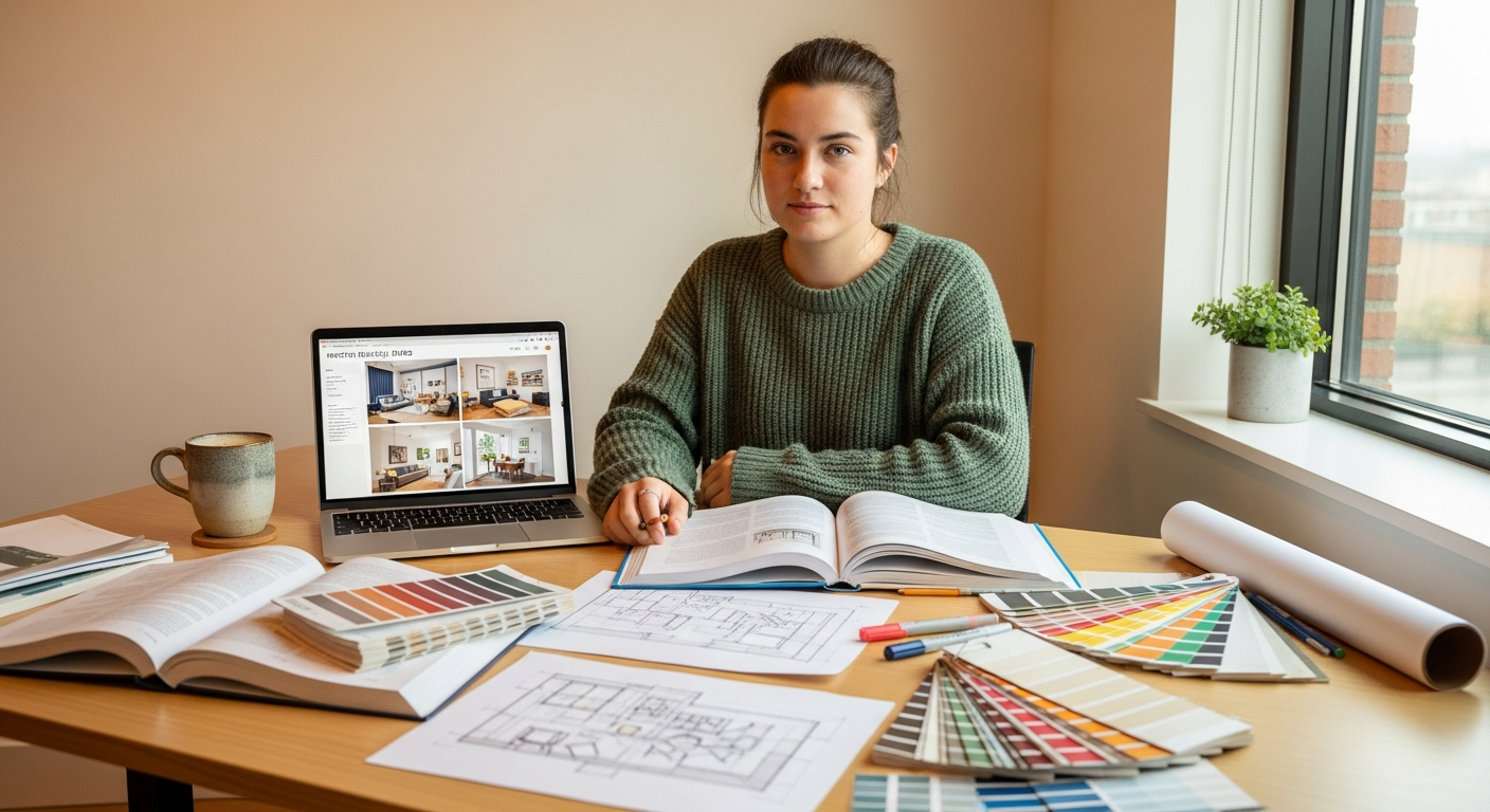Student researching interior design information